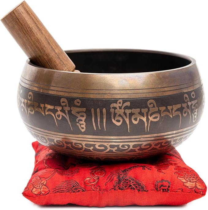 Tibetan Singing Bowl Set Authentic – Handmade in Nepal Sound & Meditation Bowl – Spiritual Decor for Yoga, Wellness Spaces & Relaxation by Himalayan Bazaar (Brown & Red)
