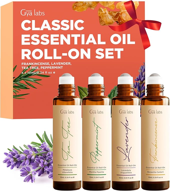Gya Labs Classic Roll on Essential Oils Set - 100% Pure Natural Frankincense, Peppermint, Lavender, Tea Tree Oil Rollers for Skin & Body Comfort, Relaxing Gift for Women (0.34 Fl Oz Each)