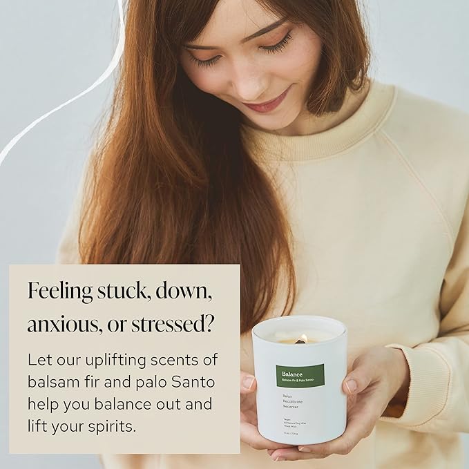 Mindful Modern Natural Balance Candle | Balsam Fir & Palo Santo Scented | Aromatherapy for Stress Relief, Meditation, Yoga, Chakra Healing, Prayer | Elegant Home Fragrance | Soy Wax | 8oz Glass Jar