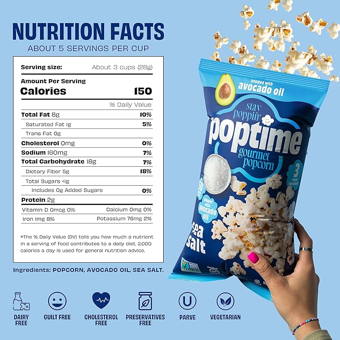 Poptime Gourmet Popcorn Snack Bags – Sea Salt Popcorn Bags, Healthy Snack Popped With Heart-Healthy Avocado Oil, Crunchy, Gluten Free, Vegan, Low Calorie, Kosher, Non-GMO - 4.5 oz - Pack 4