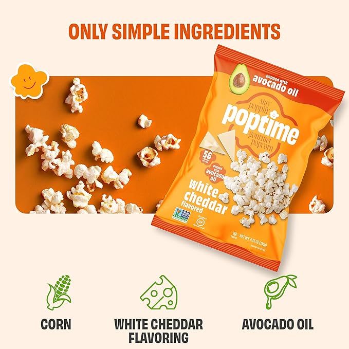 Poptime White Cheddar Popcorn Snack Bags – Gourmet Popcorn Bags, Healthy Snack With Heart-Healthy Avocado Oil, Crunchy, Cheesy, Gluten Free, Vegan, Low Calorie, Non-GMO, Kosher - 4.75 oz - Pack 4