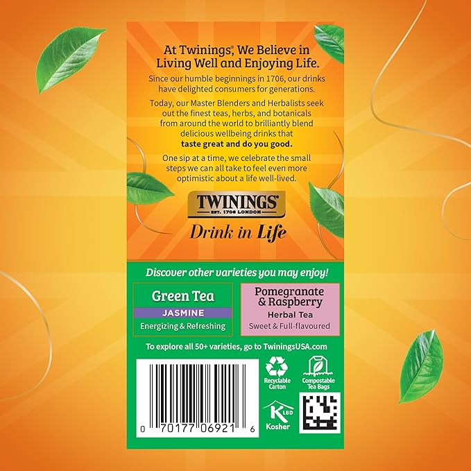 Twinings Green Tea with Pomegranate, Raspberry, & Strawberry Individually Wrapped Bags, 20 Count (Pack of 1), Caffeinated, Enjoy Hot or Iced, 20 Teabags