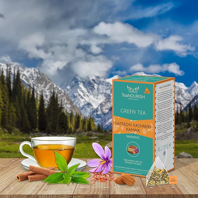 TeaNOURISH Saffron Kashmiri Kahwa | 20 Count Pyramid Tea Bags | Whole Leaf Green Tea | Saffron, Cardamom, Cinnamon, Almond | Warming & Soothing | Improves Digestion, Boosts Immunity
