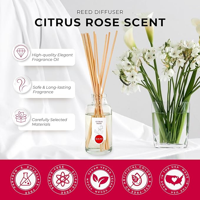 DANI Naturals Reed Diffuser Set - Citrus Rose Scent - Aromatherapy Essential Oils - Alcohol-Free, Non-Toxic, Eco-Friendly, 10 Reeds - 3.5 oz