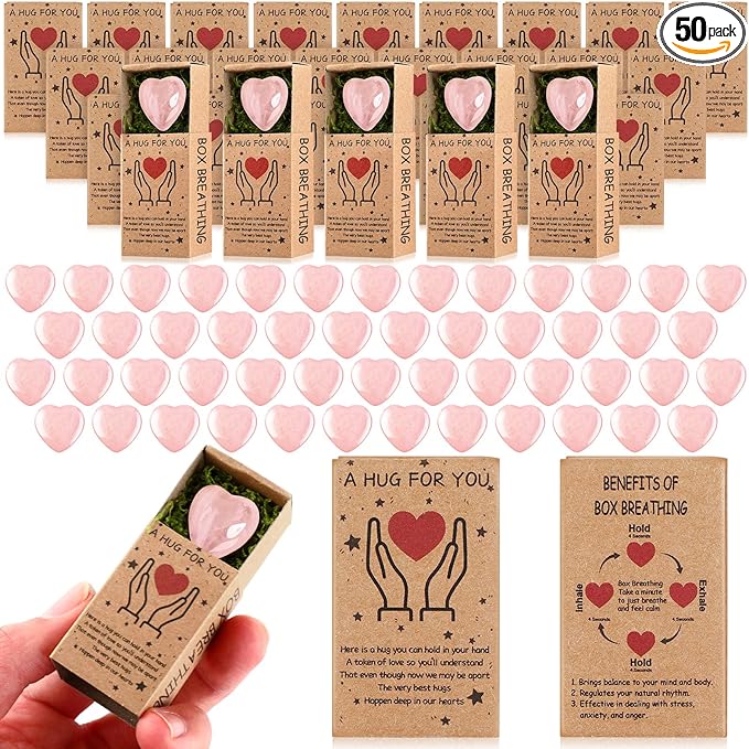 Landical 50 Sets Pocket Hug Token Gifts Small Crystal Heart Stones Bulk with Boxes Mini Heart Shape Natural Stones for Colleagues Family Distance Social Celebration of Life Gifts(Pink)