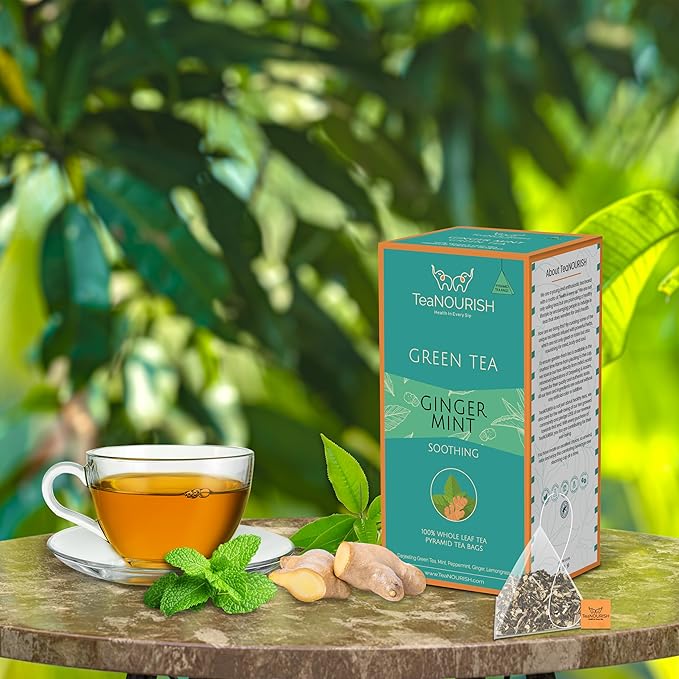 TeaNOURISH Ginger Mint Green Tea | 20 Count Pyramid Tea Bags | Relaxing & Calming | Premium Darjeeling Whole Leaf | Immune Support Tea for Daily Wellness