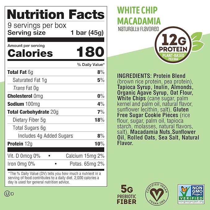 Lenny & Larry's Cookie-fied Protein Bar – White Chip Macadamia Vegan Protein Bars 9x45g – Healthy Snacks with 12g Plant Protein & 5g Fiber – Gluten free Power Bar, Keto Friendly, Non-GMO & Vegan
