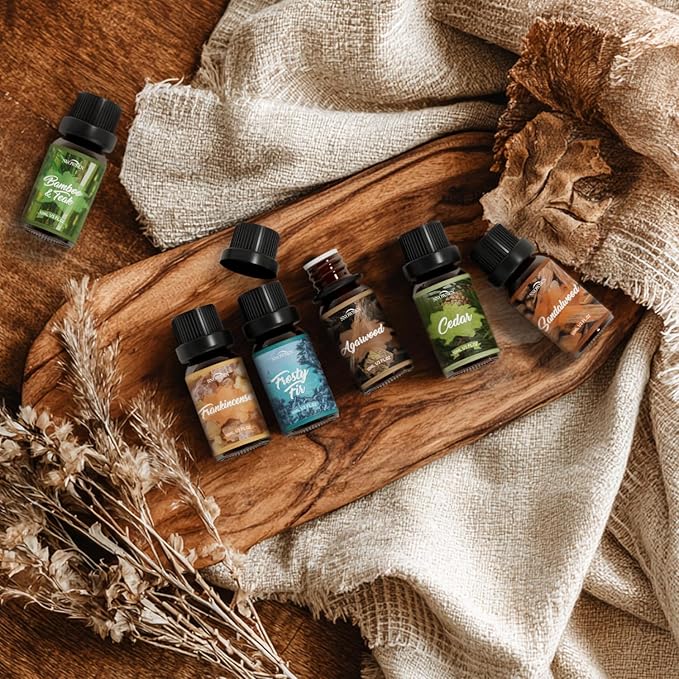 Woody Essential Oil Set, 6 Pure Wood Scents - Frankincense, Cedar, Sandalwood, Agarwood, Frosty Fir, Bamboo & Teak Essential Oils for Diffusers, Humidifiers, Cleaning, DIY Soaps & Candles