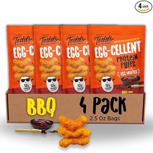 Todd's Better Snacks Egg-Cellent Protein Puffs, Sweet & Smoky BBQ – 12g Protein, Gluten-Free, Paleo-Friendly, Baked, GLP-1 Compliant – Healthy Snack, Made with Egg Whites – 2.5 Oz (Pack of 4)