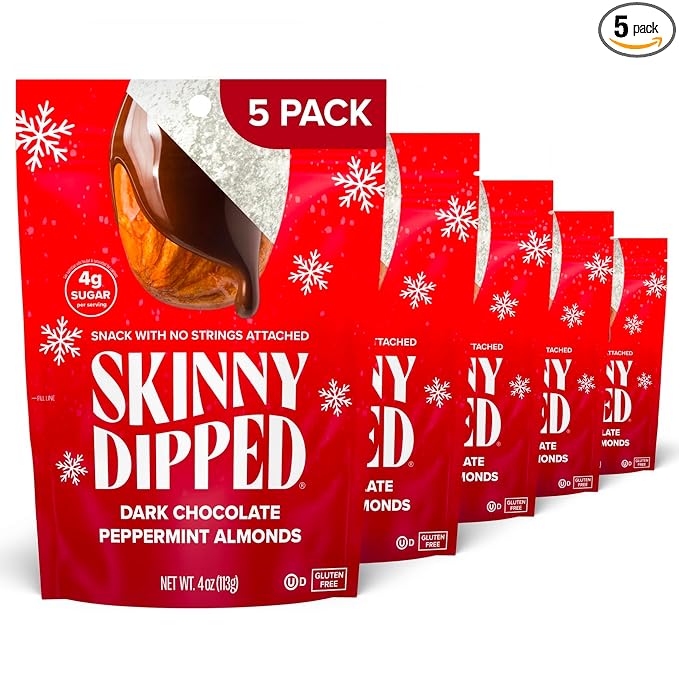 SkinnyDipped Dark Chocolate Peppermint Almonds, Healthy Snack, Plant Protein, Gluten Free, 3.5 oz Resealable Bags, Pack of 5