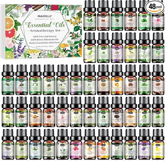 Essential Oils Set, Aromatherapy Essential Oil Kit for Diffuser, Candle, Soap Making, Massage, Skin Care (48 x 5ml) - Sandalwood, Eucalyptus, Lavender, Tea Tree, Peppermint Aromatherapy Oil