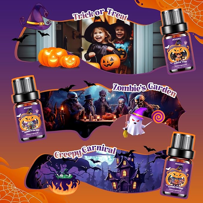Halloween Fragrance Oil Set, Fall Essential Oils for Diffuser, Candle & Soap Scents, Trick or Treat, Zombie's Garden, Greepy Carnival, Headless Horseman, Scarlet Witch, Ghost Autumn Scented Oil Gift