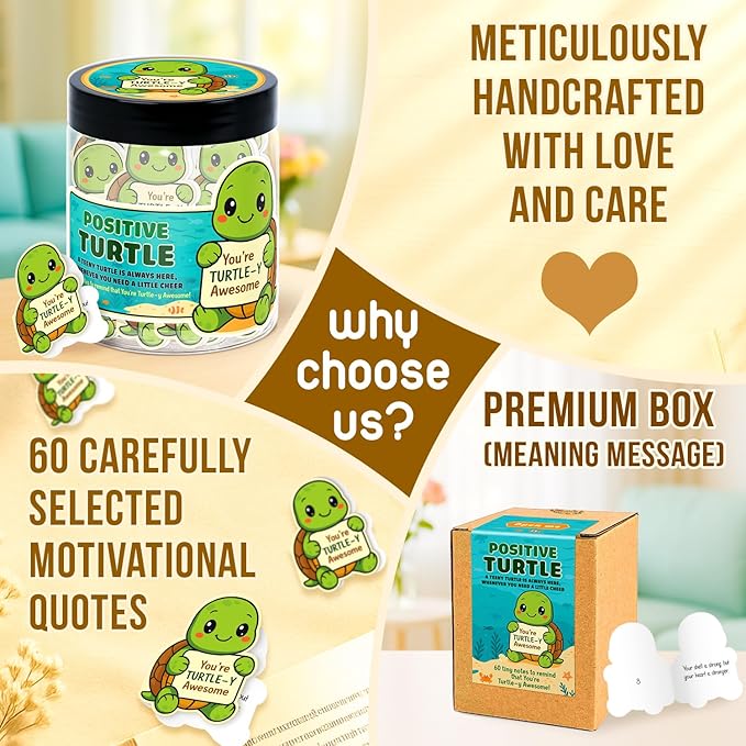 Emotional Support Turtle – Funny Turtle Gifts For Women, Kid - 60 Positive Turtle Daily Affirmation Cards Jar – Inspirational Gifts for Women - Self Care Gift for Coworkers, Teens, Friends, Boss