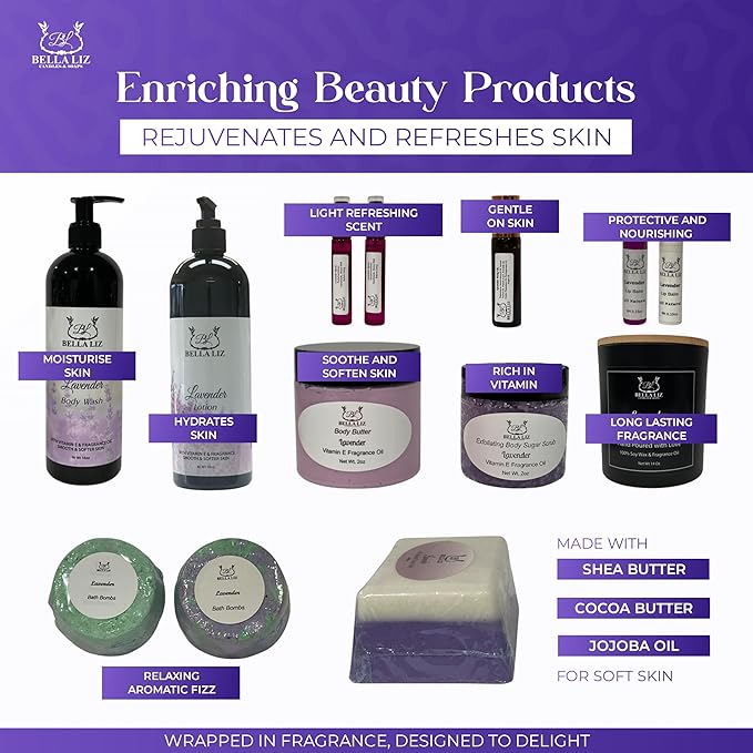 Bella Liz Lavender Gift Set – 14 piece Spa Set with Soy Candle, Handmade Soaps, Body Wash & Lotion, Bath Bombs, Lip Balms, Sugar Scrub, Body Butter & More – Self-Care Gift