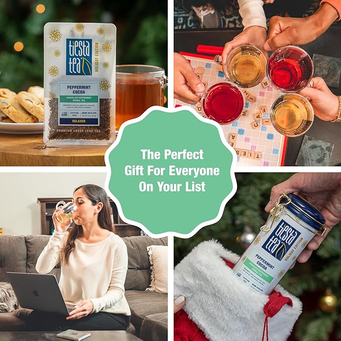 Tiesta Tea Cozy Peppermint Cocoa, Premium Loose Leaf Blends, Chocolate Peppermint Herbal Tea, Caffeine-Free, Holiday Blend, Holiday Edition, Hot or Iced Brew, Up to 25 Cups, 1.5oz Resealable Pouch