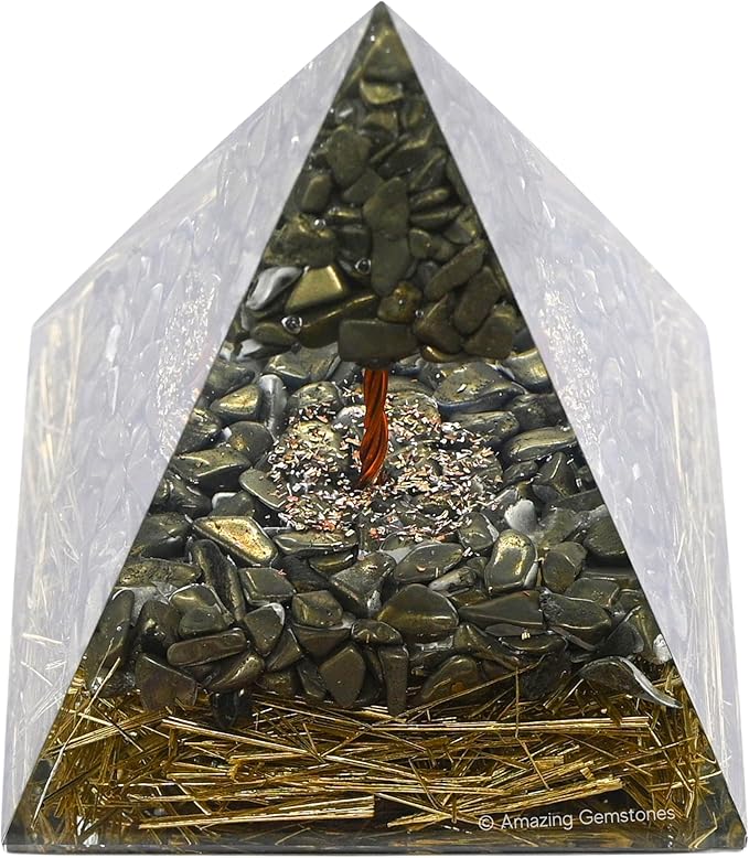 Amazing Gemstone Organite Orgone Pyramid Extra Large 105 MM - Orgone Energy Pyramid with Pyrite Crystals and Healing Stone - Orgonite Pyramids Crystals and Positive Energy