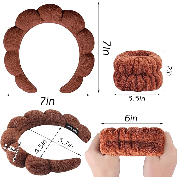 Zkptops Spa Headband for Washing Face Wristband Set Sponge Makeup Skincare Terry Cloth Bubble Soft Get Ready Hairband for Women Girl Puffy Padded Headwear Non Slip Thick Hair Accessory(Dark Brown)
