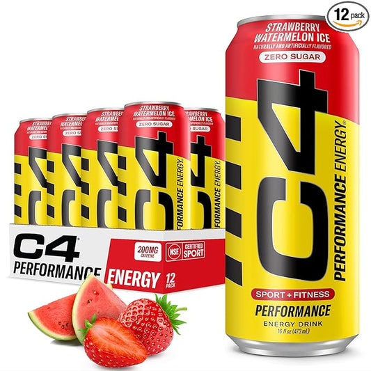 C4 Energy Drink 16oz (Pack of 12) - Strawberry Watermelon Ice - Sugar Free Pre Workout Performance Drink with No Artificial Colors or Dyes