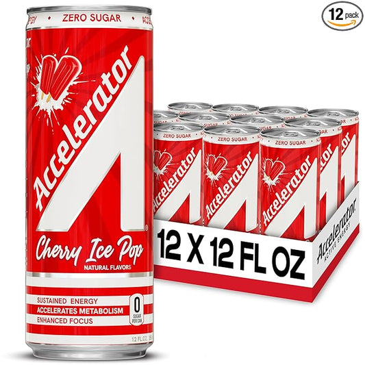 Accelerator Energy Drink Sugar Free, Cherry Ice Pop 12oz can(12 pack), Zero Sugar Energy Drinks with Sustained Energy from 100% Natural Caffeine (200mg) & Green Tea extract