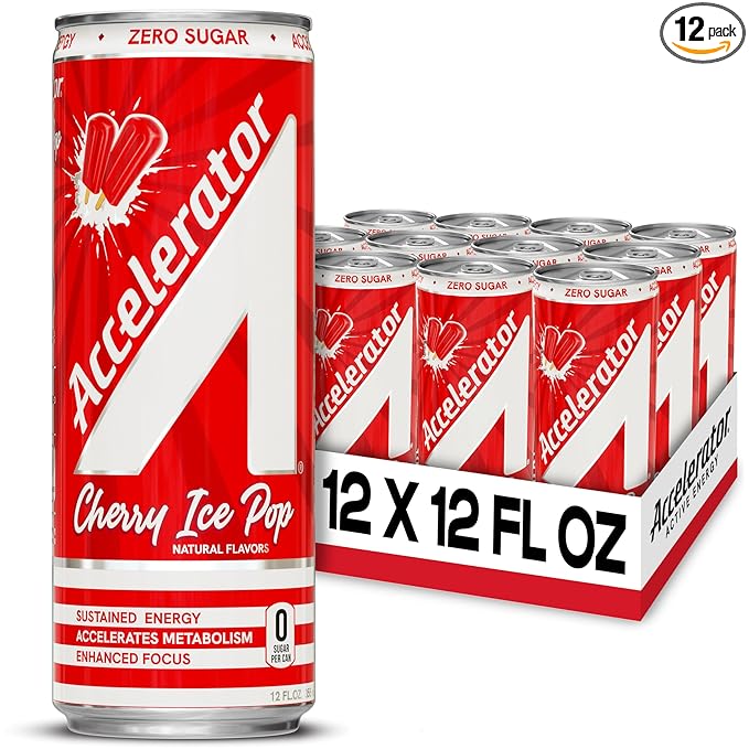 Accelerator Energy Drink Sugar Free, Cherry Ice Pop 12oz can(12 pack), Zero Sugar Energy Drinks with Sustained Energy from 100% Natural Caffeine (200mg) & Green Tea extract