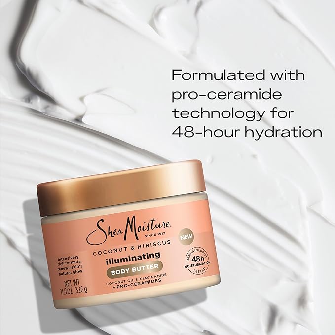 SheaMoisture Illuminating Body Butter with Coconut & Hibiscus, Niacinamide and Pro-Ceramides, Renewing Skin’s Natural Glow, 48H Moisturizing 11.5 oz