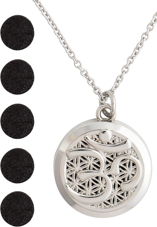 Wild Essentials Silver Aum Om Necklace Essential Oil Diffuser 6 Refill Pads, Calming Aromatherapy Gift Set, Customizable Color Changing, Perfume