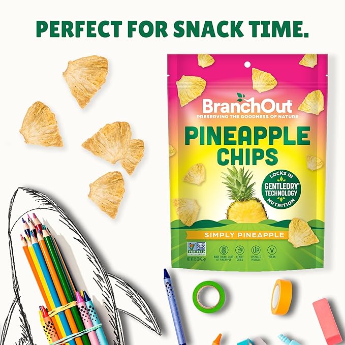 BranchOut Pineapple Chips, No Sugar Added, Real Dried Pineapple Chunks, GentleDry, Better than Freeze Dried Pineapple, Healthy Vegan Halloween Fruit Snacks for Kids & Adults, 1.5 oz (Pack of 4)