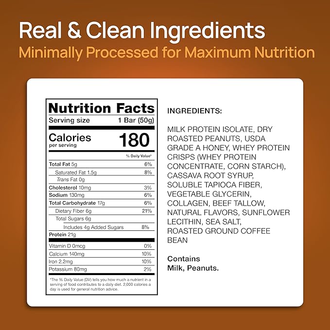 ProGo Protein Bars, Low Sugar, High Protein Snacks (21g) - 95% Pure Isolate for Faster Muscle Growth & Recovery, Low Calorie, Sweetened w/Peanut Butter & Raw Honey (20-Count, Coffee Crunch)