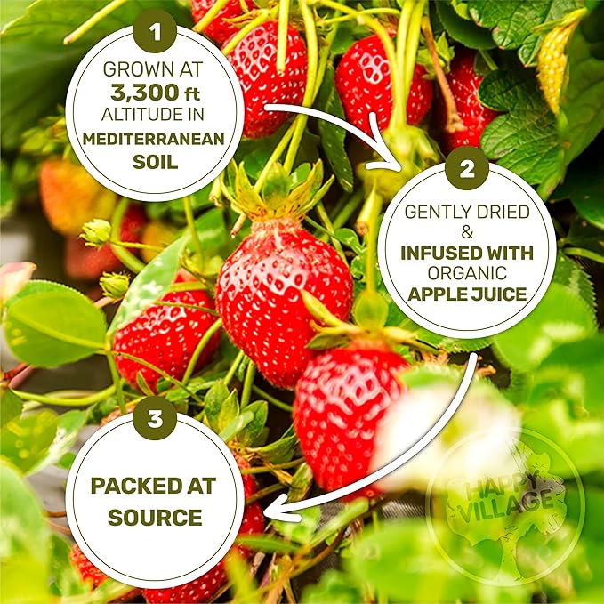 Happy Village Organic Soft Dried Strawberries On the Go – 3 Bags (15 Individual Portion Packs) | Healthy, Organic, Non-GMO, Vegan, Kosher, Gluten-Free Snack Packs