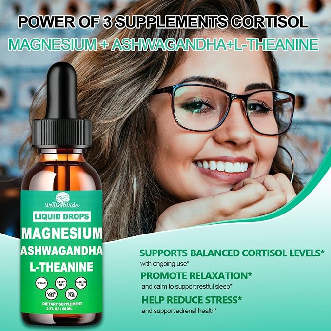 2 Pack Cortisol Supplement w. Magnesium L Theanine Ksm-66 Ashwagandha Vitamin K2 B6 D 3 Supplement, Liquid Magnesium for Cortisol Reduce Detox Manager, Calm Relaxation & Balanced Hormone