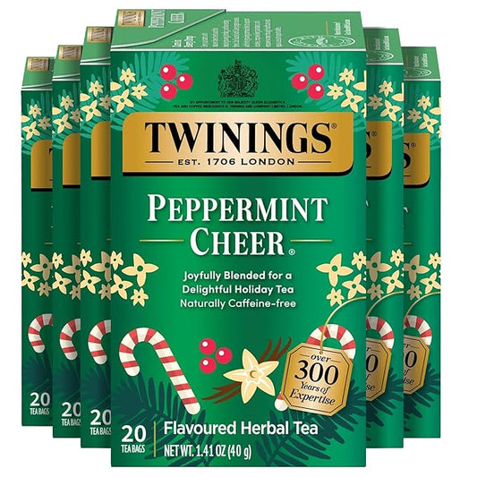 Twinings Peppermint Cheer Herbal Tea Individually Wrapped Bags, 20 Count (Pack of 6), Naturally Caffeine-Free, Peppermint & Vanilla, Enjoy Hot or Iced