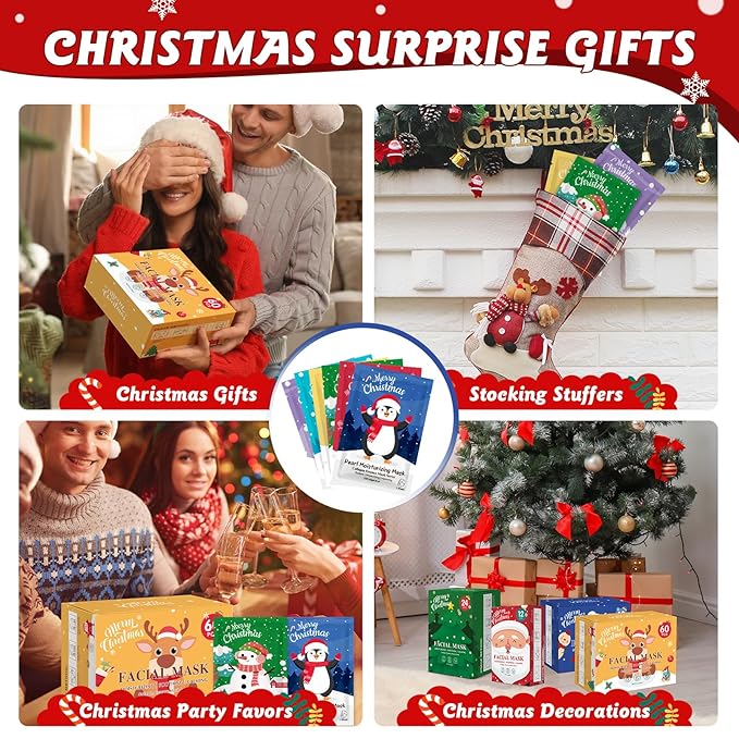 60 Pack Christmas Face Masks Skincare for Christmas Gifts, Bulk Sheet Hydrating & Soothing Facial Masks Set for Skin Care, Stocking Stuffers for Women