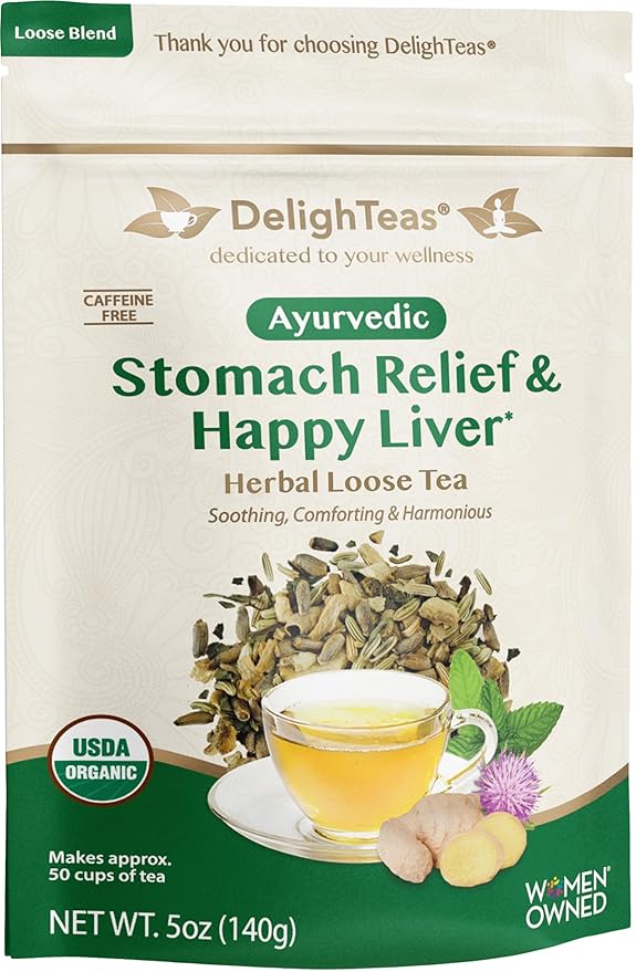 DelighTeas Liver Detox tea | Stomach Relief & Liver Cleansing | Ayurvedic Loose Leaf Milk Thistle, Fennel, Ginger Tea for Digestion | USDA Organic, Vegan, Caffeine Free, Sugar Free | 50 Servings, 5oz