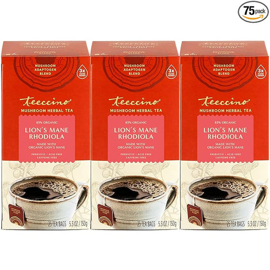 Teeccino Lion’s Mane Rhodiola Tea - Rose - Caffeine-Free Mushroom Adaptogenic Herbal Tea, 3x More Herbs than Regular Tea Bags, Lightly Sweet from Dates & Figs, Chicory Prebiotic - 25 Tea Bags (Pack of 3)