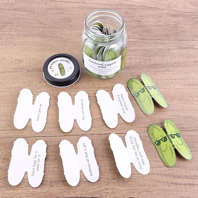 60 PCS Positive Pickle Cards Jar, Emotional Support Jar, Pickle Affirmation Cards, Inspirational Gifts for Women, Cheer Up Gifts, Unique Positive Gift for Women, Teen Girl