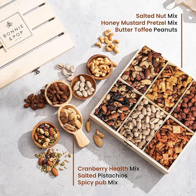 Happy Birthday Food Gift Basket, Healthy Nut Gift Tray, Birthday Snack Treat in Reusable Wooden Crate, Gourmet Assorted Food Delivery, Birthday Snack Box, For Men, Women and Families, Bonnie & Pop