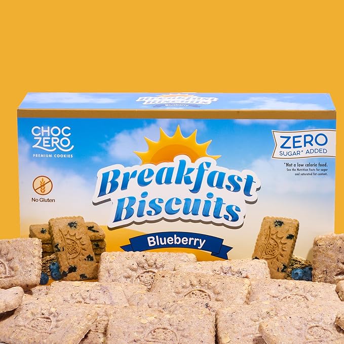 ChocZero Blueberry Breakfast Biscuits – No Sugar Added, Keto & Gluten Free, High Fiber Prebiotic Snack, Blueberry‑Baked Low Net Carb Cookies – 9oz Box