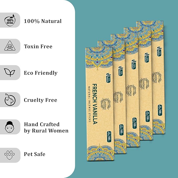 Raajsee French Vanilla Incense Sticks (180 gm), 100% Pure Organic Natural Hand Rolled Free from Chemicals - Perfect for Aromatherapy, Cleansing, Meditation, and Church (Pack of 12)