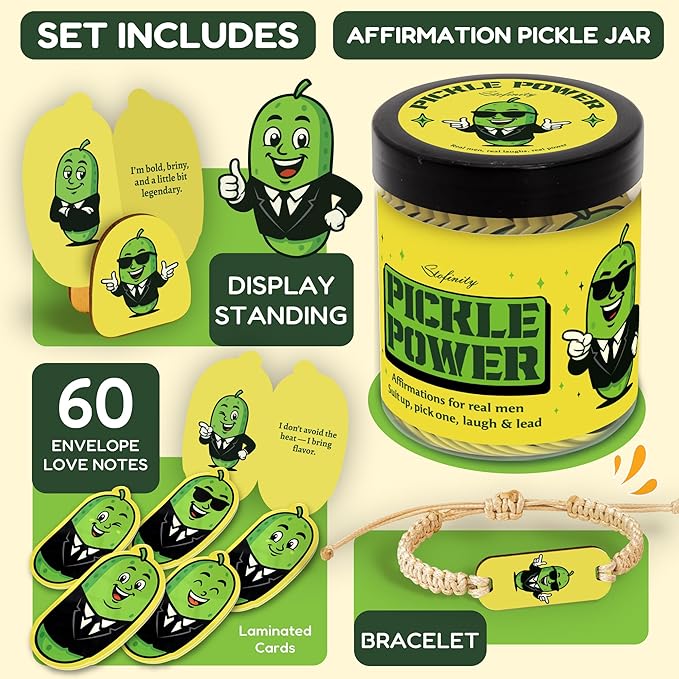 Funny Affirmation Cards For Men - Positive Pickle Gifts Ideas, Motivational Gifts For Men Husband Coworkers, Inspirational Cards With Quotes, Jar Of Encouragement Card For Office Desk Decor