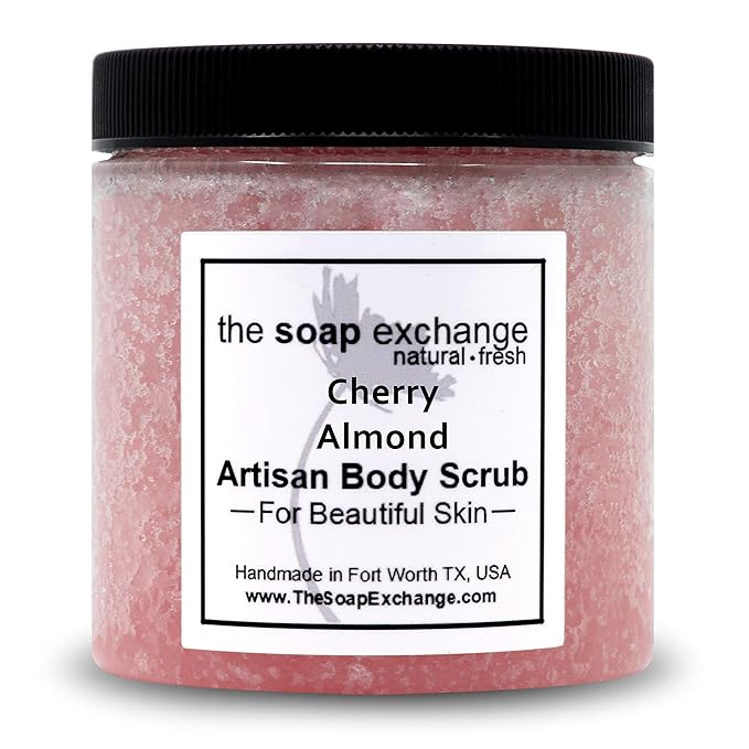The Soap Exchange Sugar Body Scrub - Cherry Almond Scent - Hand Crafted 16 fl oz / 480 ml Natural Artisan Skin Care, Shea Butter, Exfoliate, Moisturize, & Protect. Made in the USA.