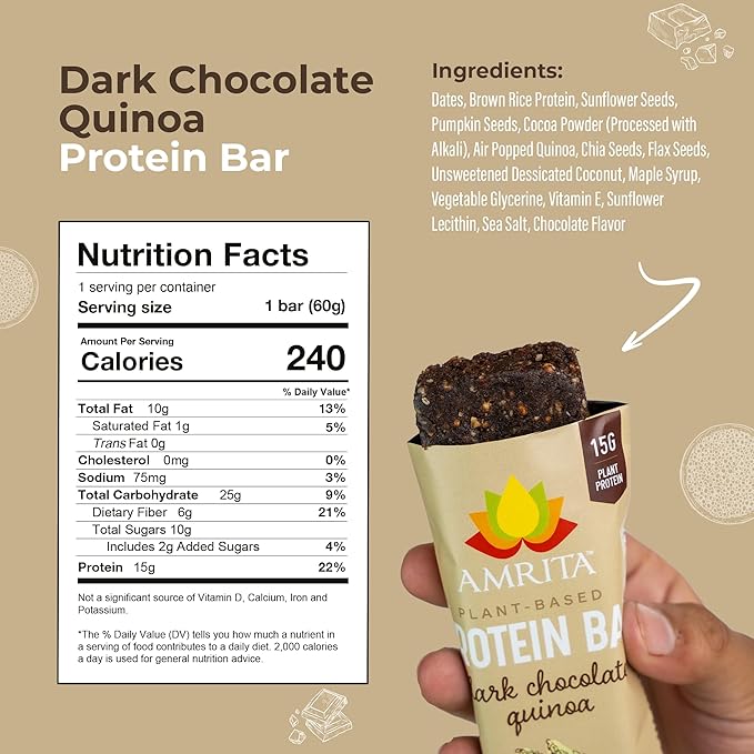 Amrita Nut Free Dark Chocolate Quinoa Vegan Protein Bars (12 CT PK of 3) | 12g Plant-Based Protein Bar | Peanut Free, Gluten Free, and Dairy Free | Low Sugar, High Fiber, Healthy School-Safe Snacks