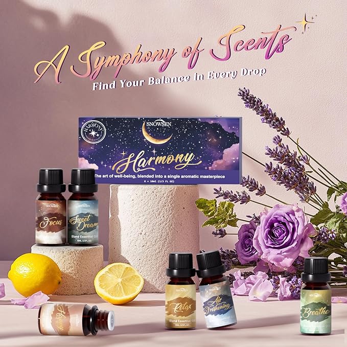 Essential Oil Blends, Harmony Essential Oil Set - Breathe, Sweet Dream, Relax, Happy, Focus, Air Freshening, Essential Oils for Diffusers for Home, Candle Making, Freshie Scents, Aromatherapy