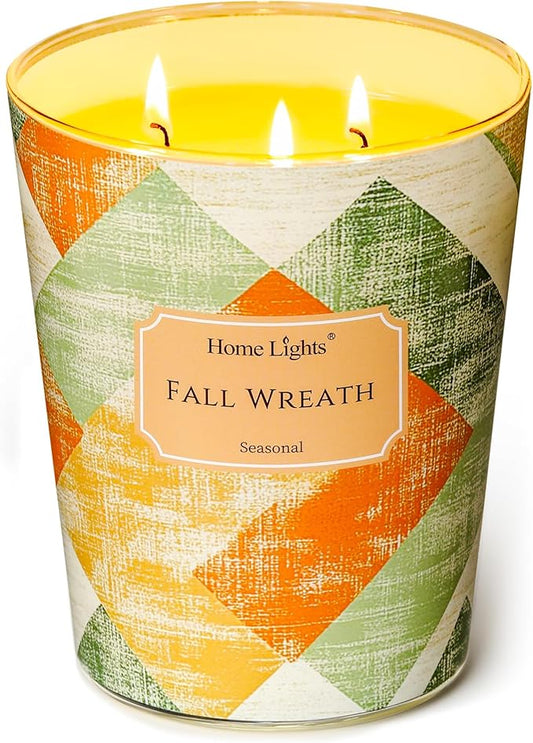 HomeLights Large jar Candle | 3-Wick Long-Lasting Scented Candles, 34oz Natural Soy Wax Candle for Home Scented, Rustic Modern Gifts for Women & Men, Fall Wreath