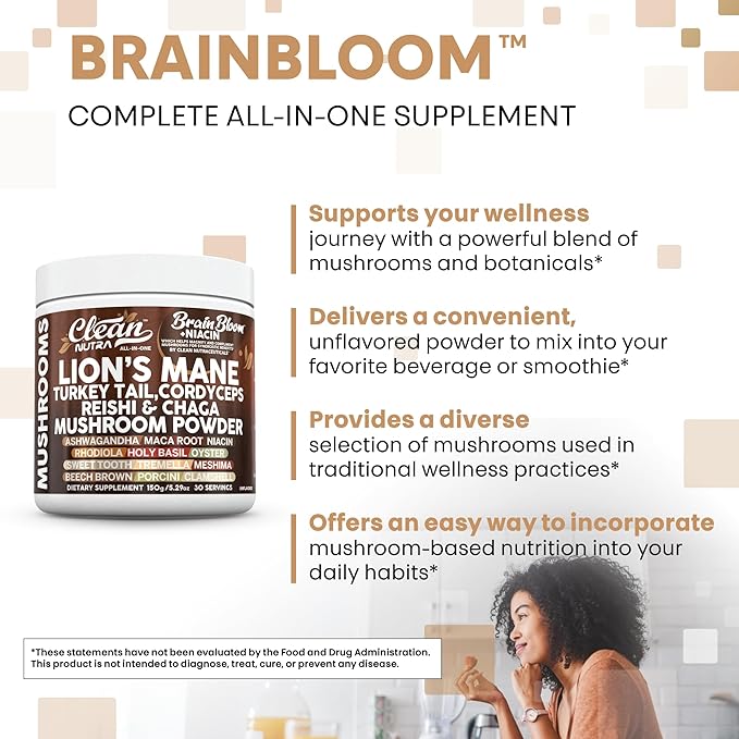 Clean Nutra Lion's Mane Turkey Tail Cordyceps Reishi Chaga Mushroom Powder + Ashwagandha Niacin Calm Stress Memory Adrenal Support Supplements Maca Rhodiola Holy Basil Apaptogen Supplement Unflavored
