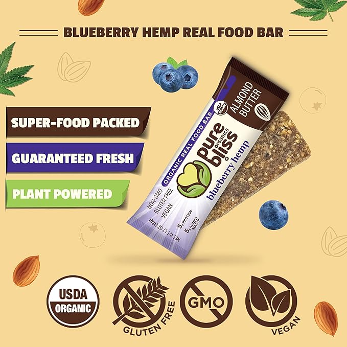 Organic Real Food Bar (Blueberry Hemp) Non-GMO, Gluten Free, Vegan, Nutrition Bars, Energy Bars, Super Food Simple Ingredients, Best Tasting, Healthy Snack, Breakfast Bars, Dairy Free, Soy Free, Pure Bliss Organics (1.7 oz bar, 12-Pack Case)