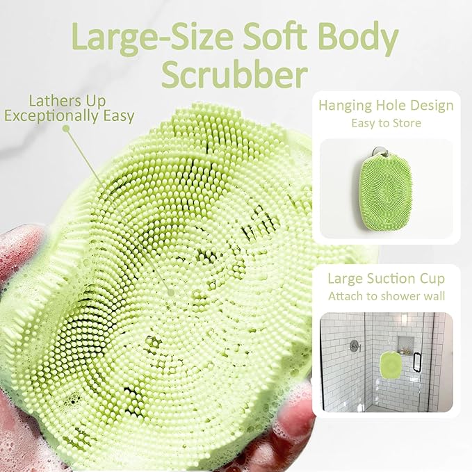 Soft Silicone Body Scrubber, Gentle Like a Hand Exfoliating Your Skin and Build Up Lather Easily, Back Large Suction Cup Easy to Store, Long-Lasting & Deep Clean (Green