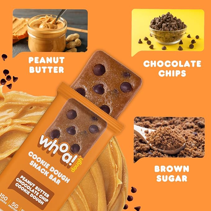 Whoa Dough Edible Cookie Dough Bars- Certified Non-GMO, Kosher and Gluten Free Bars - Healthy Snack Foods - Plant Based Snacks - Peanut Butter Chocolate Chip Cookie Dough - 4 Pack