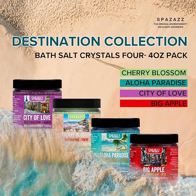 Spazazz Hot Tub Aromatherapy Destination Collection Bath Salt Crystals Four- 4oz Pack - Aloha Paradise, Big Apple, City of Love, Cherry Blossom - Bath Salts Perfect for Hot Tubs, Baths, and Foot Soaks