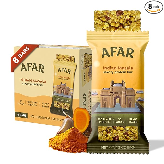 Afar Savory Protein Bars – Low Sugar, High Protein – Healthy Snacks for Adults – Meal Replacement Bar – Rice Crispy Texture – Vegan, Gluten Free (8 Bars, Indian Masala)