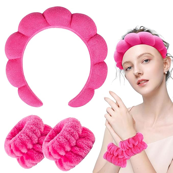 Zkptops Spa Headband for Washing Face Wristband Set Sponge Makeup Skincare Terry Cloth Bubble Soft Get Ready Hairband for Women Girl Puffy Padded Headwear Non Slip Thick Hair Accessory(Hot Pink)